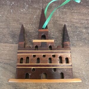 Wood Cut Out Christmas Tree Ornament Castle Building Toned Wood 3.5" x 3"